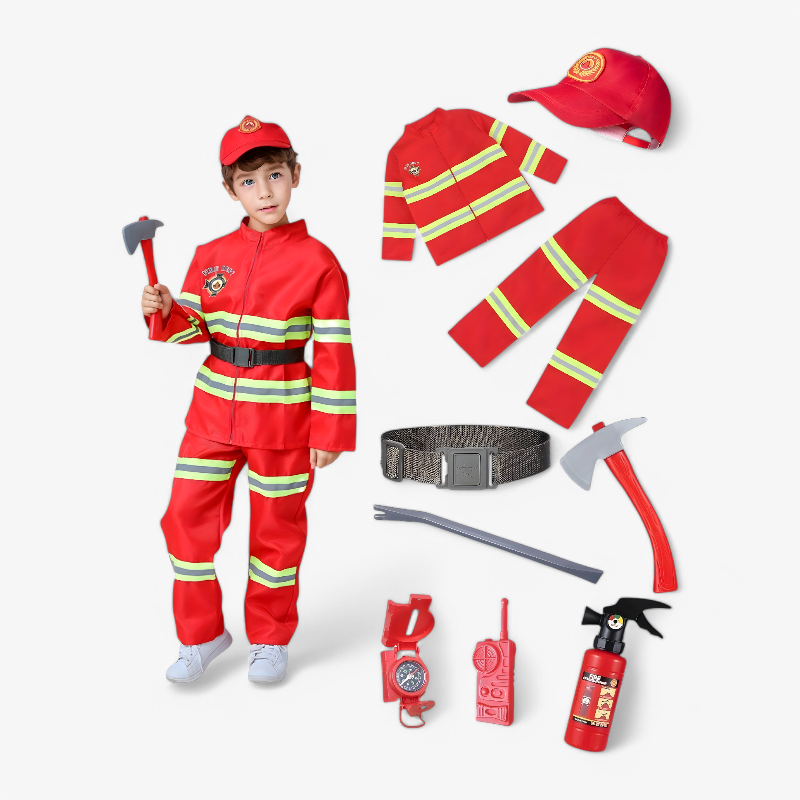 Mutiges Feuerwehrkostüm für Kinder – Set mit Jacke, Mütze, Werkzeug und Zubehör
