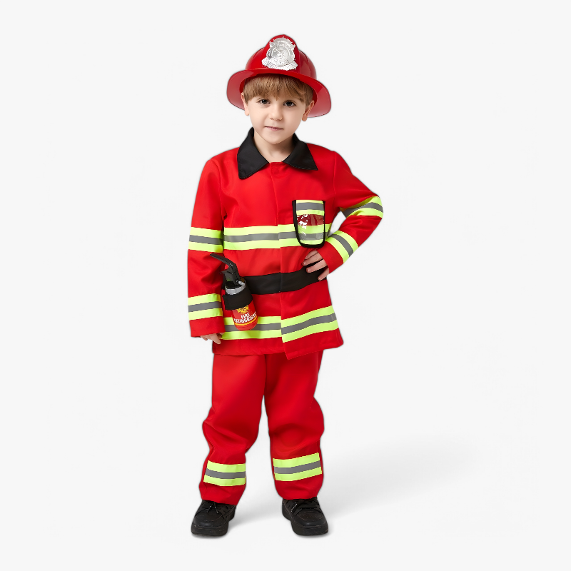 Feuerwehrkostüm für Kinder – inklusive Helm und Feuerlöscher
