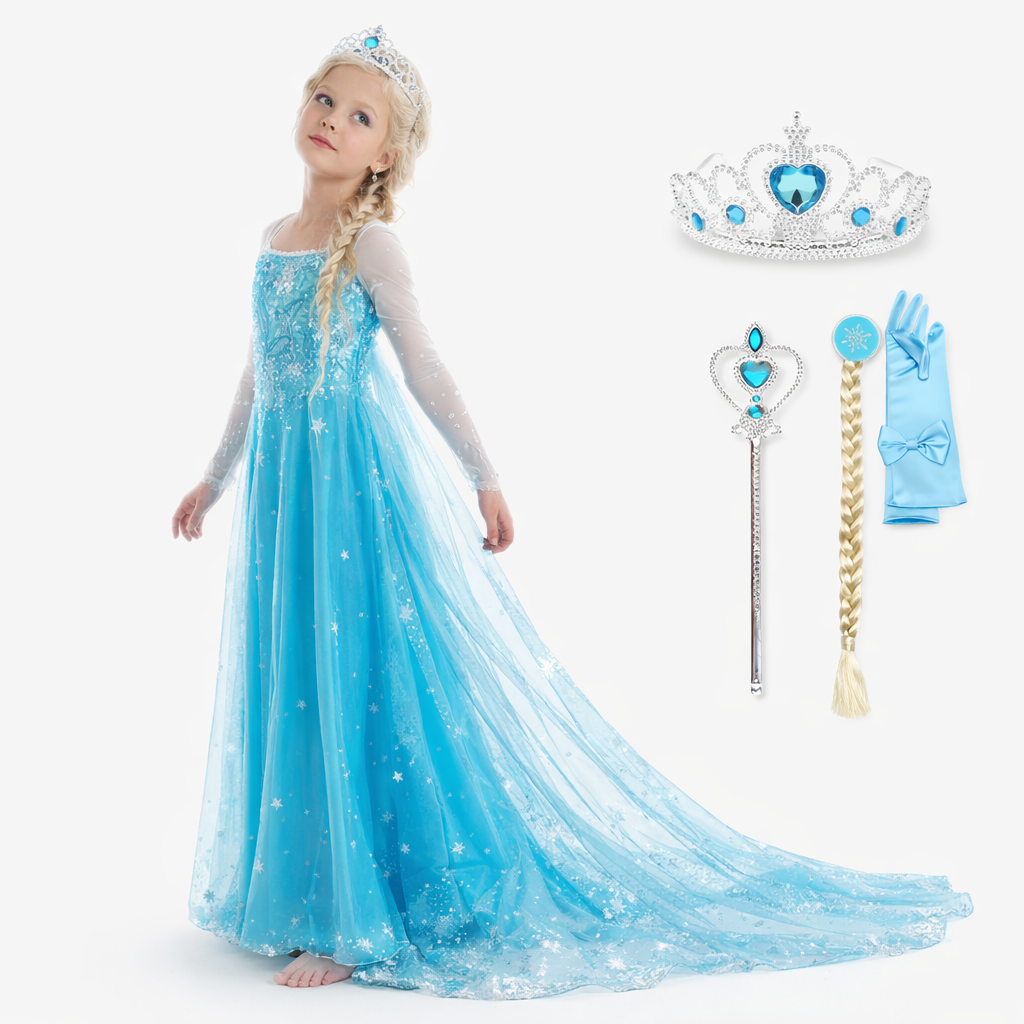 Bezauberndes Elsa-Prinzessinnenkostüm für Kinder – komplett mit Tiara, Zauberstab und Handschuhen