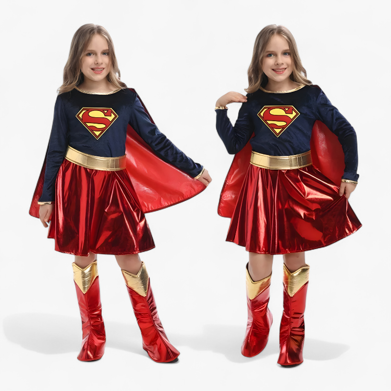 Kostium Supergirl – Stylowy kombinezon superbohaterki z peleryną i butami dla dziewczynek