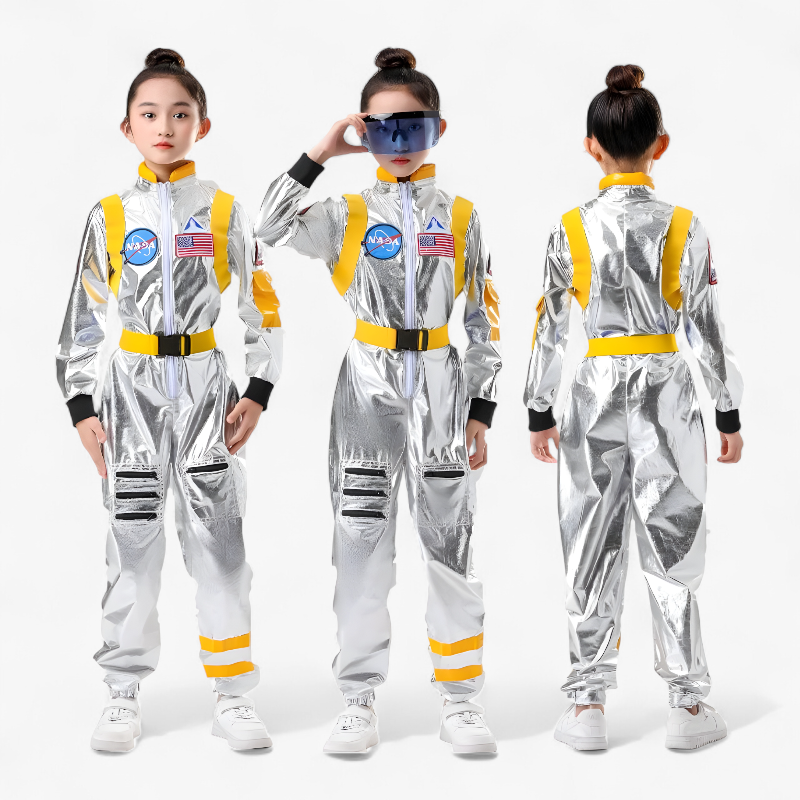Astronautenkostüm für Kinder – Glänzender silberner Overall mit NASA-Logo