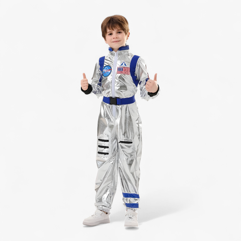 Astronautenkostüm für Kinder – Glänzender silberner Overall mit NASA-Logo