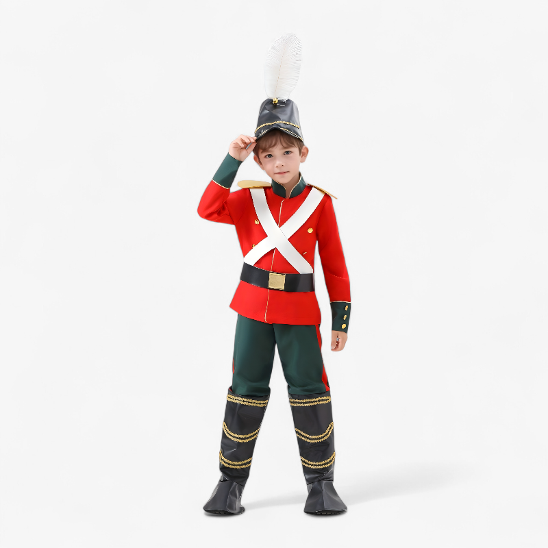 Elegantes Soldaten-Outfit für Kinder – bestehend aus roter Jacke, schwarzen Stiefeln und Federhut
