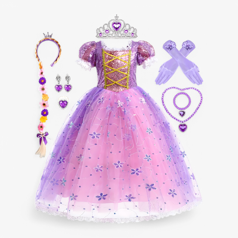 Bezauberndes lila Prinzessinnenkleid – inklusive Krone, Schmuck und Tasche