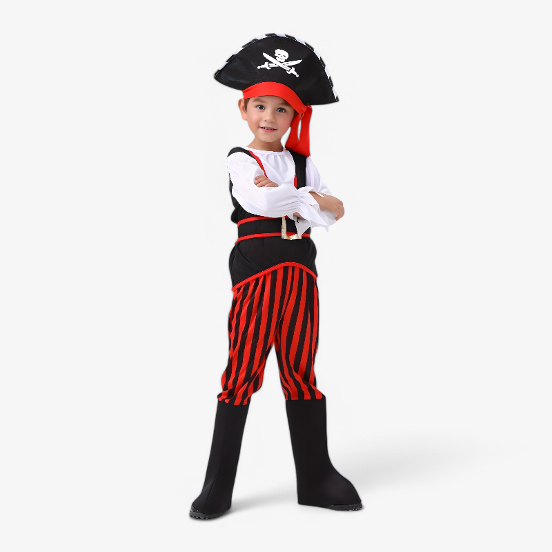 Strój pirata dla chłopców – w komplecie z kapeluszem, paskiem i spodniami w paski