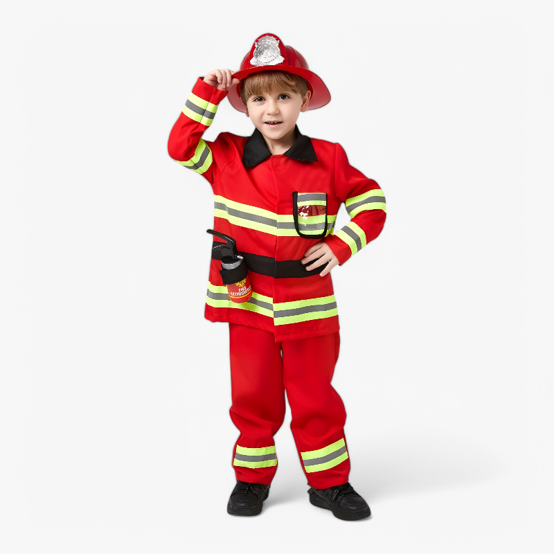 Feuerwehrkostüm für Kinder – inklusive Helm und Feuerlöscher