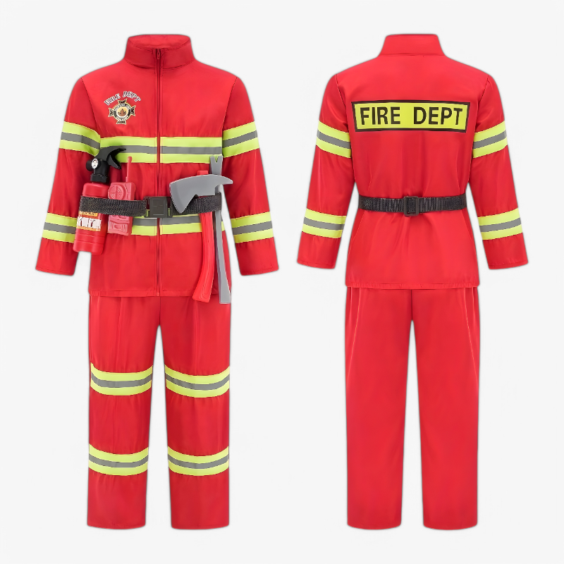 Mutiges Feuerwehrkostüm für Kinder – Set mit Jacke, Mütze, Werkzeug und Zubehör