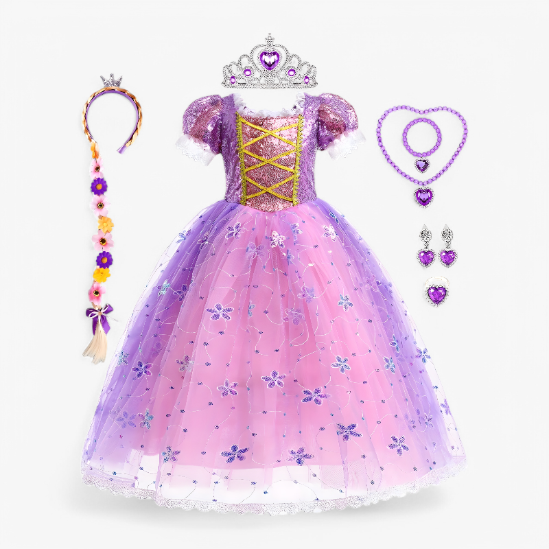 Bezauberndes lila Prinzessinnenkleid für Mädchen – inklusive Krone, Halskette, Ring und Tasche