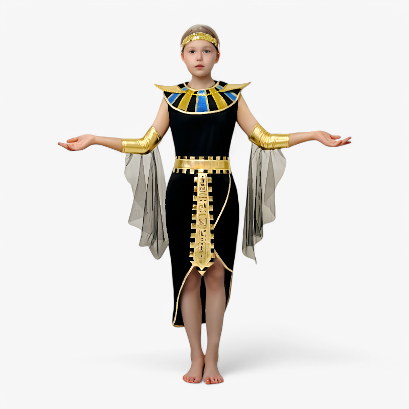 Majestätisches ägyptisches Prinzessinnenkostüm – Set bestehend aus Kleid, Stirnband und goldenen Accessoires