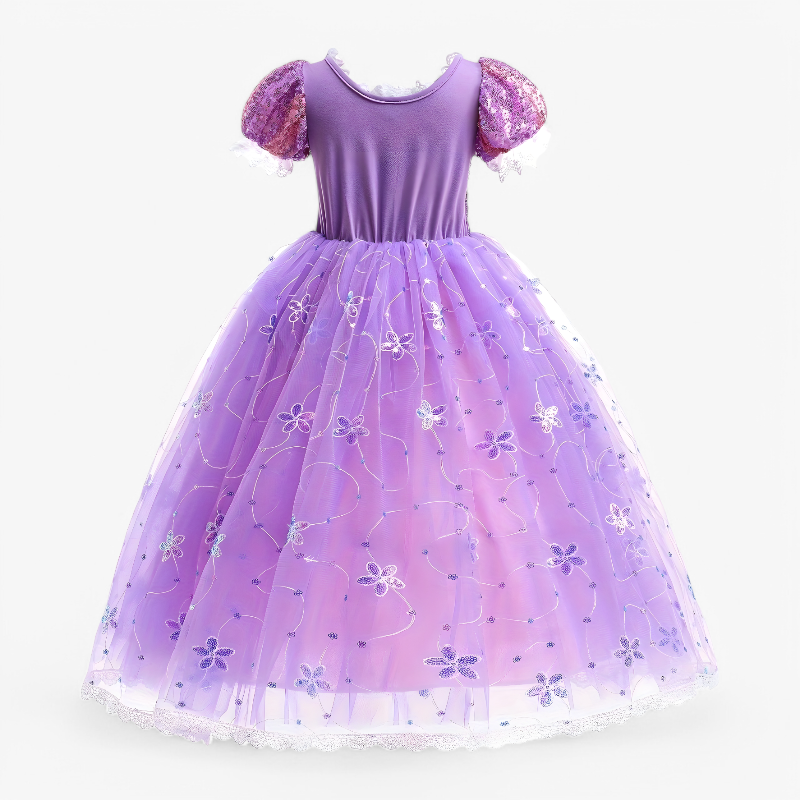 Bezauberndes lila Prinzessinnenkleid für Mädchen – inklusive Krone, Halskette, Ring und Tasche