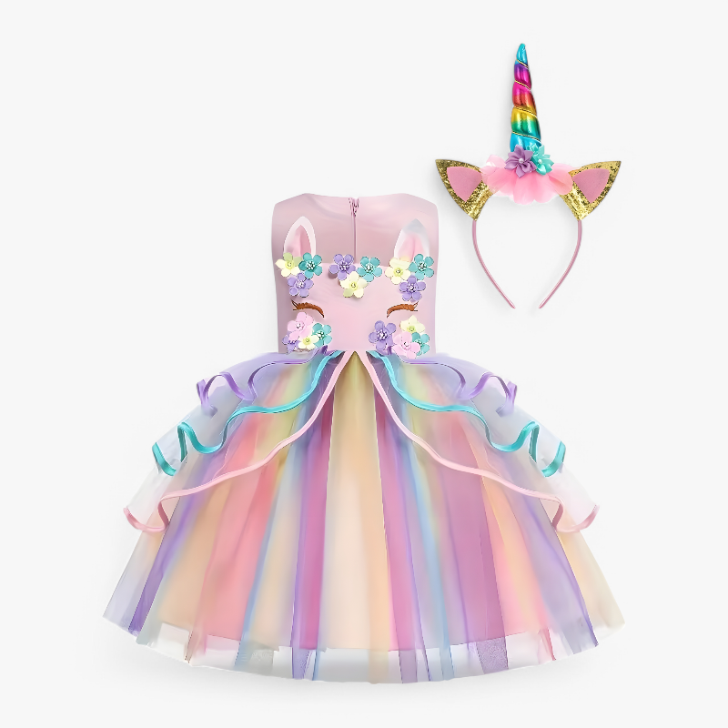 Fantasievolles Einhorn-Prinzessinnenkleid – mit Blumen und buntem Tüll