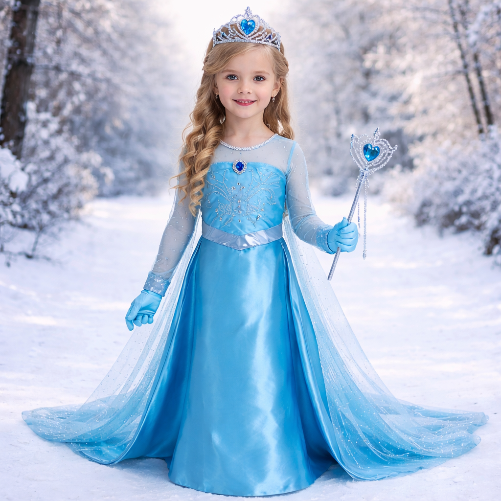 Bezauberndes Elsa-Prinzessinnenkostüm für Kinder – komplett mit Tiara, Zauberstab und Handschuhen