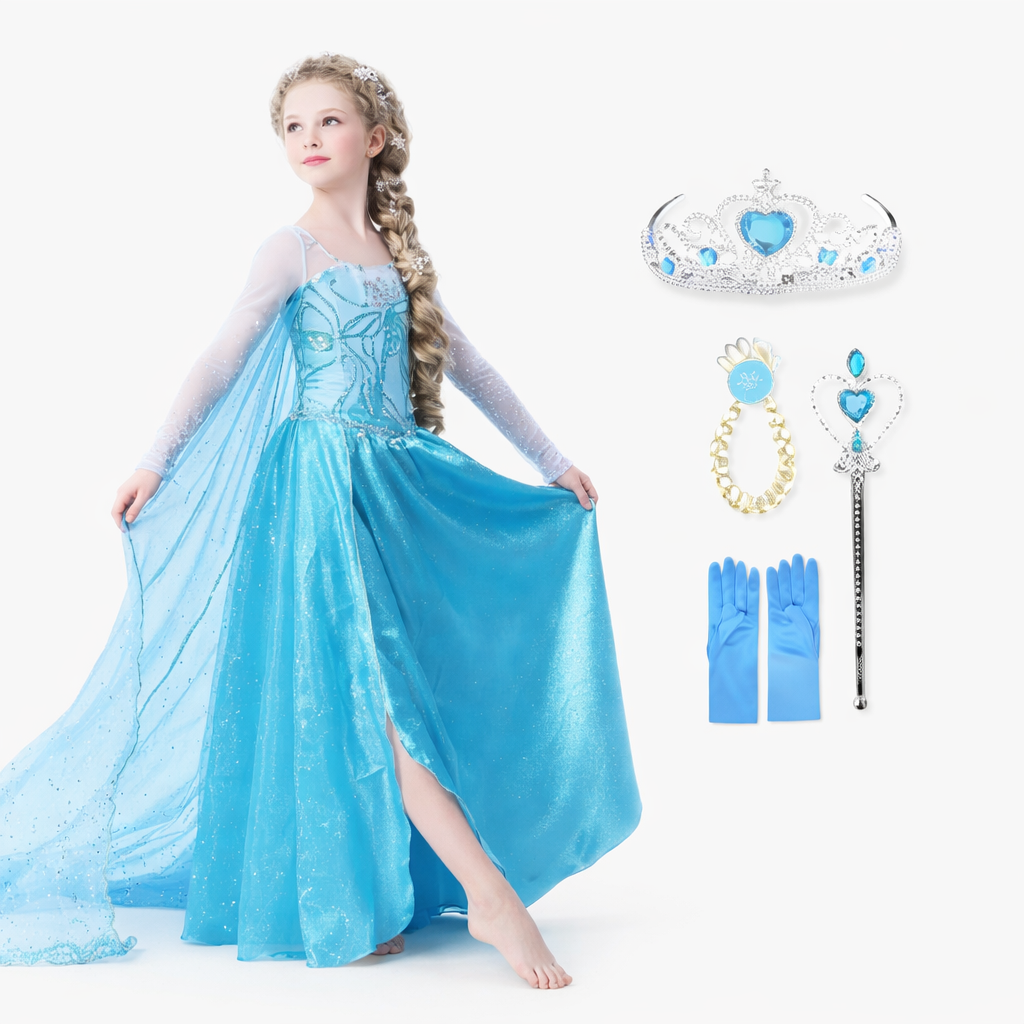 Bezauberndes Elsa-Prinzessinnenkostüm für Kinder – komplett mit Tiara, Zauberstab und Handschuhen