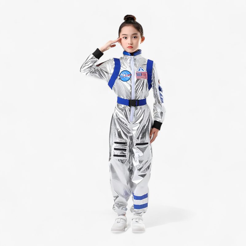 Strój astronauty dla dzieci – lśniący srebrny kombinezon z logo NASA