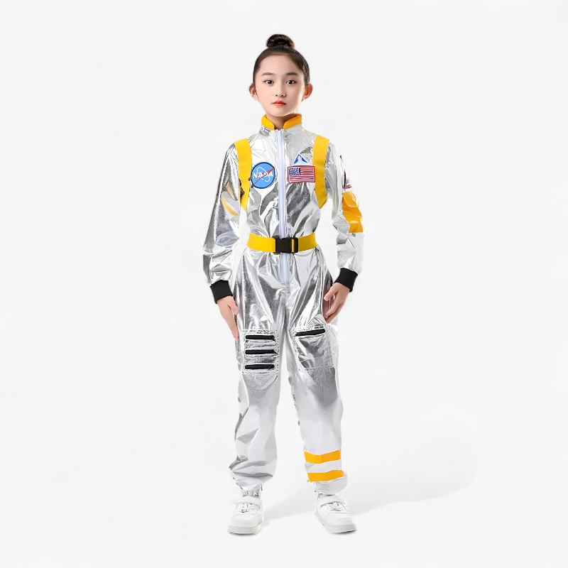 Strój astronauty dla dzieci – lśniący srebrny kombinezon z logo NASA