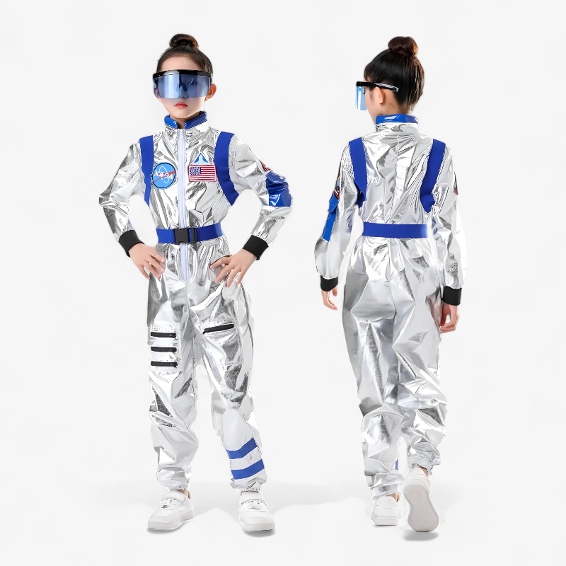 Strój astronauty dla dzieci – lśniący srebrny kombinezon z logo NASA