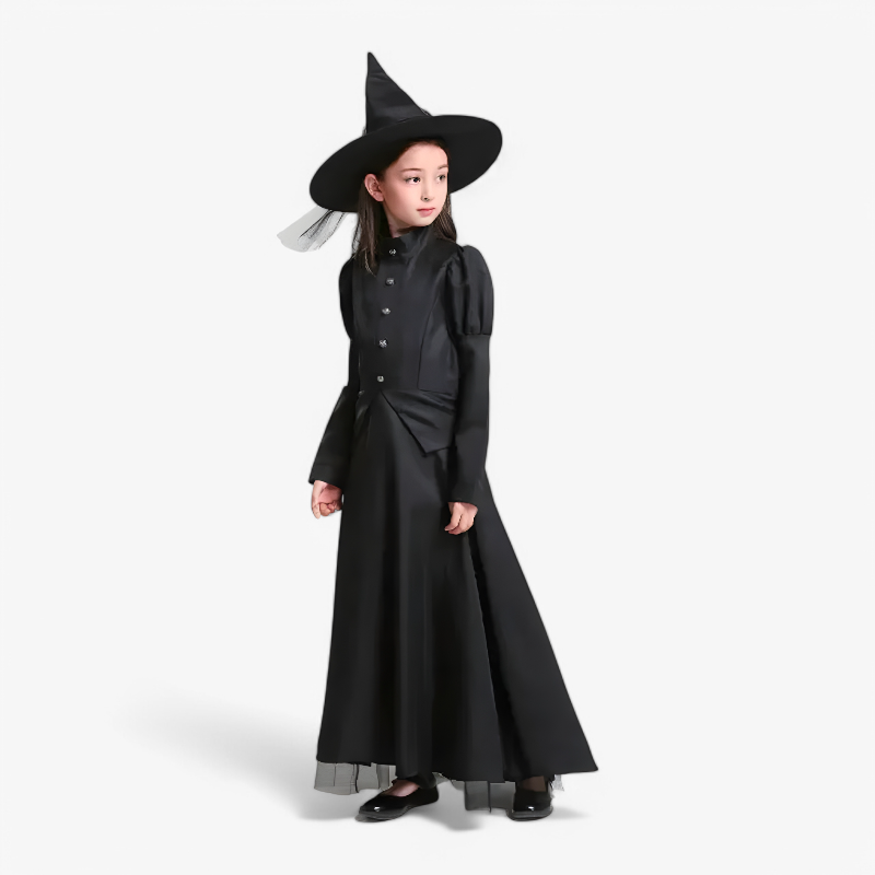 Kostüm der bösen Hexe für Kinder – Luxuriöses schwarzes bodenlanges Kleid