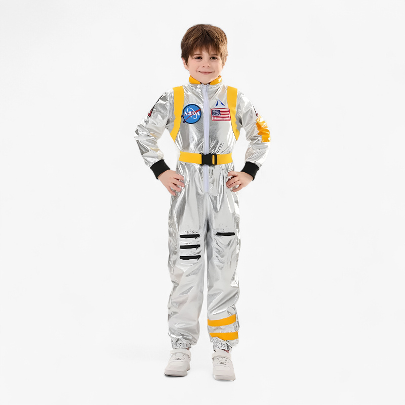 Strój astronauty dla dzieci – lśniący srebrny kombinezon z logo NASA