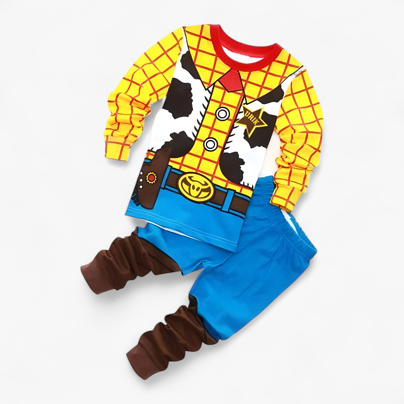 Kostümset mit Cartoonmotiven für Kinder – bestehend aus Pullover und Hose mit Charakterdesigns