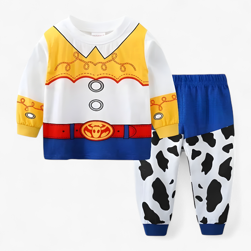 Kostümset mit Cartoonmotiven für Kinder – bestehend aus Pullover und Hose mit Charakterdesigns