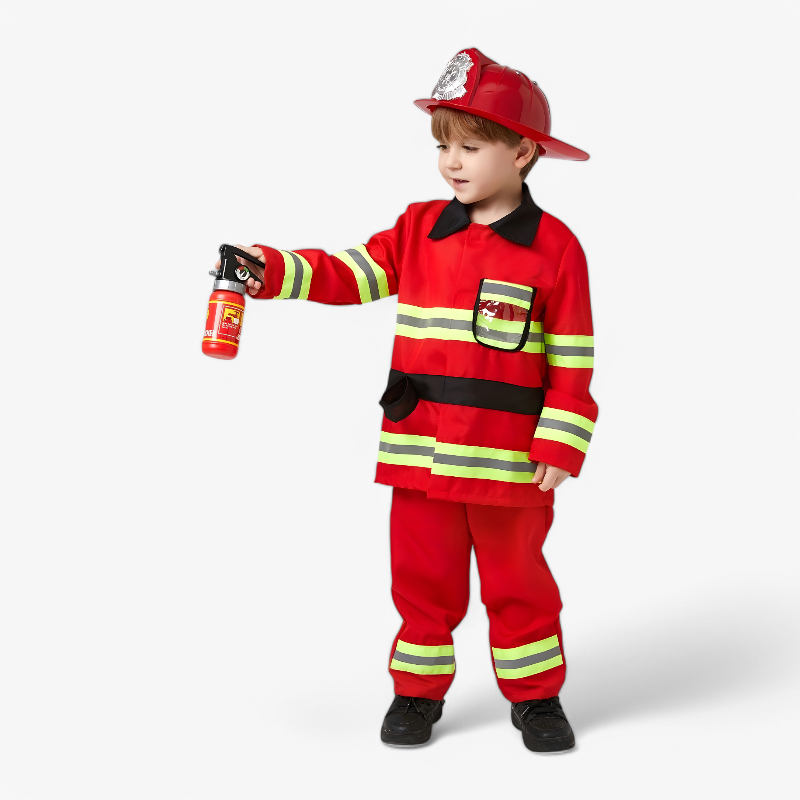 Feuerwehrkostüm für Kinder – inklusive Helm und Feuerlöscher