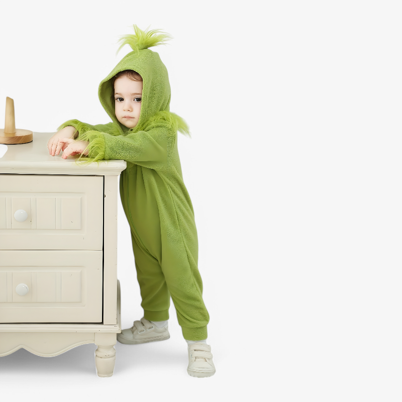 Grüner Monster-Einteiler für Kinder – mit flauschiger Kapuze und Details