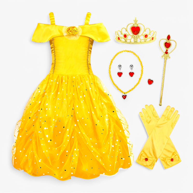 Goldenes Prinzessinnenkleid mit Accessoires für Mädchen – inklusive Tiara, Zauberstab, Schmuck und Handschuhen