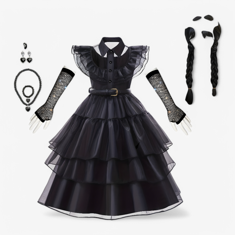 Geheimnisvolles Gothic-Kostüm für Mädchen – inklusive Perücke, Socken, Handschuhen und Schmuckset