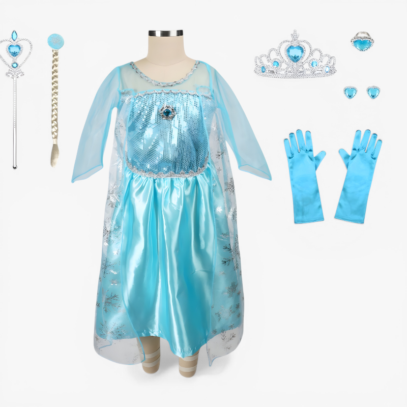 Bezauberndes Elsa-Prinzessinnenkostüm für Kinder – komplett mit Tiara, Zauberstab und Handschuhen
