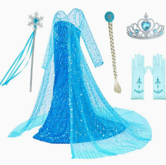Bezauberndes Elsa-Prinzessinnenkostüm für Kinder – komplett mit Tiara, Zauberstab und Handschuhen